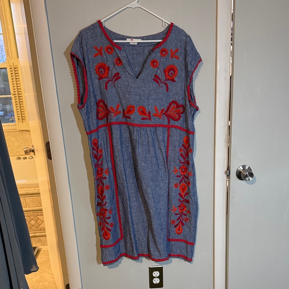 Boden Blue Chambray Midi Dress with Red embroidery
